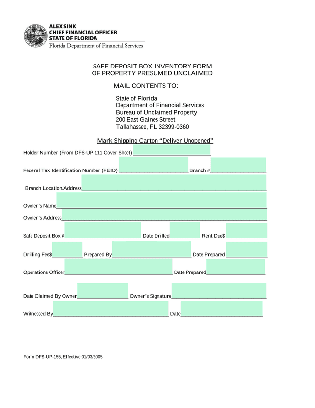 SAFE DEPOSIT BOX INVENTORY FORM OF PROPERTY PRESUMED UNCLAIMED screenshot