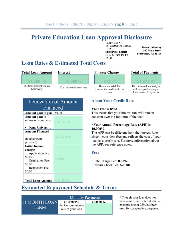 Private Education Loan Approval Disclosure screenshot