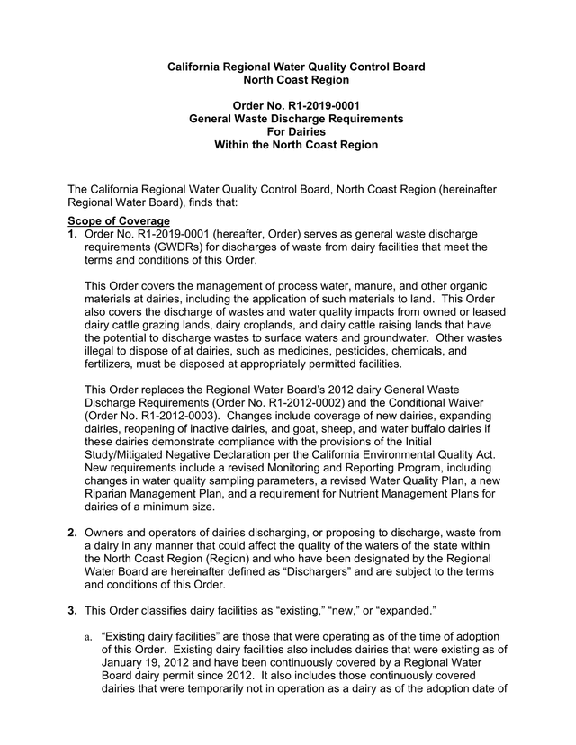 Order No. R1 2019 0001 General Waste Discharge Requirements For Dairies Within The North Coast Regio screenshot