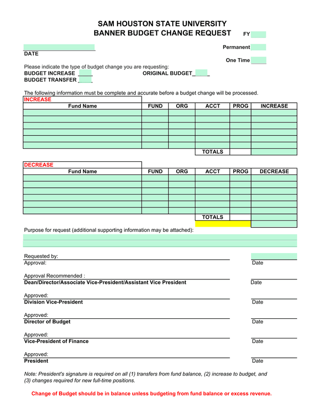 SAM HOUSTON STATE UNIVERSITY BANNER BUDGET CHANGE REQUEST screenshot