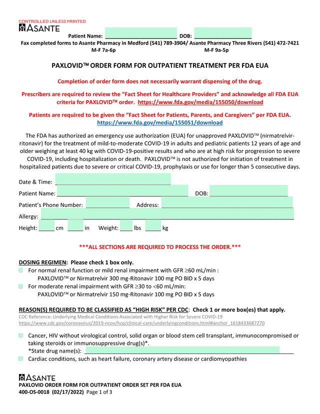 PAXLOVID ORDER FORM FOR OUTPATIENT ORDER SET PER FDA EUA screenshot