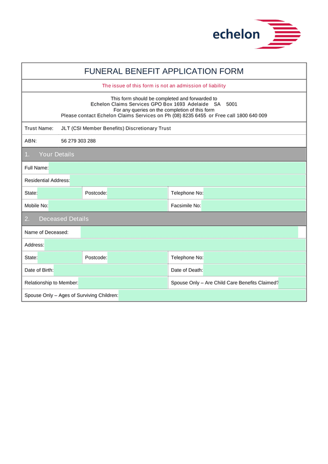 Funeral Benefit Application Form screenshot