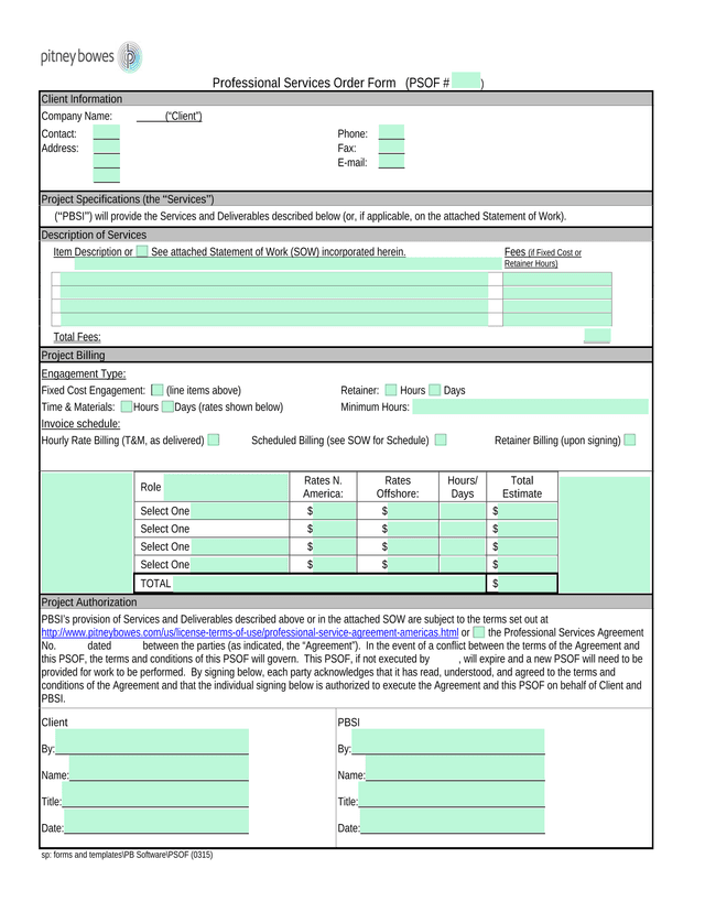 Professional Services Order Form (PSOF) screenshot