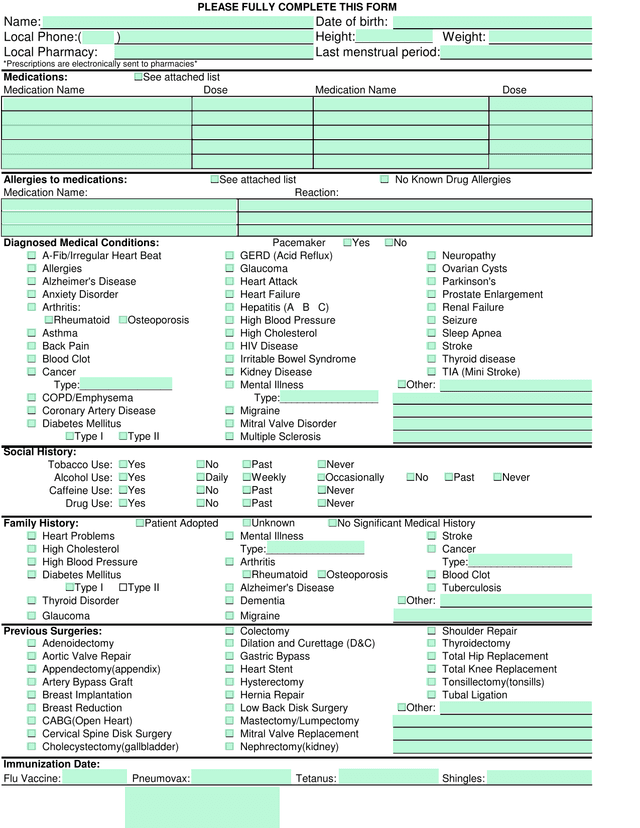 Medical History Form screenshot