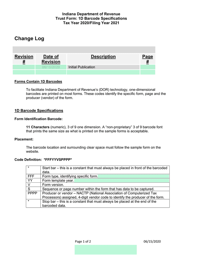 Indiana Department Of Revenue Trust Form 1D Barcode Specifications screenshot
