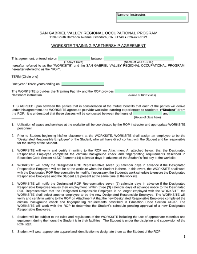 Worksite Training Partnership Agreement screenshot
