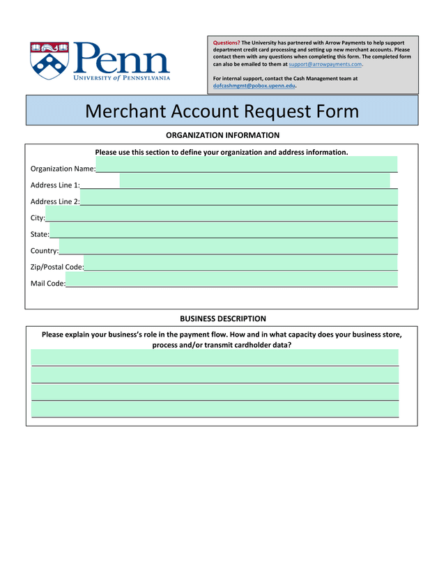 Merchant Account Request Form screenshot