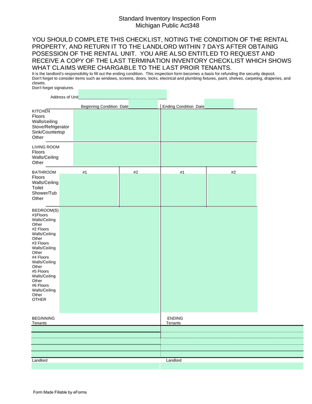 Standard Inventory Inspection Form screenshot