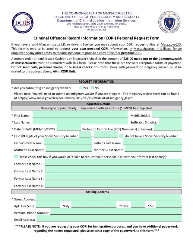 Criminal Offender Record Information (CORI) Personal Request Form screenshot