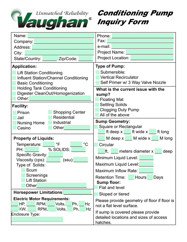 Conditioning Pump Inquiry Form screenshot