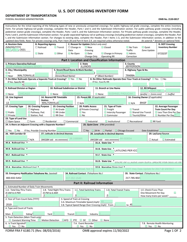 U.S. DOT Crossing Inventory Form screenshot