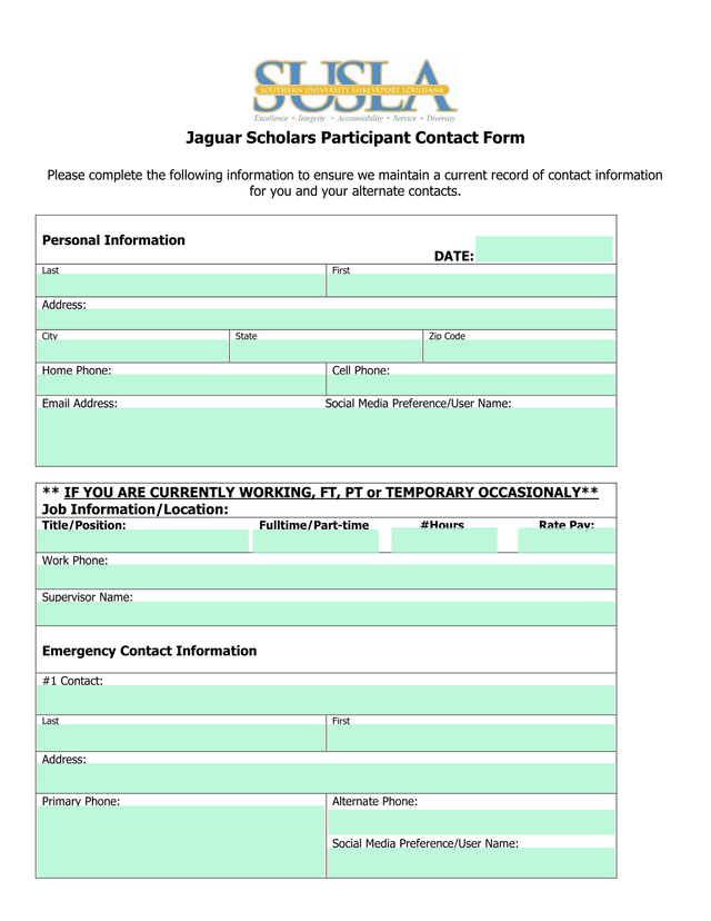 Jaguar Scholars Participant Contact Form screenshot