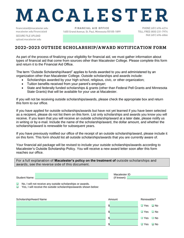 2022 2023 Outside ScholarshipAward Notification Form screenshot