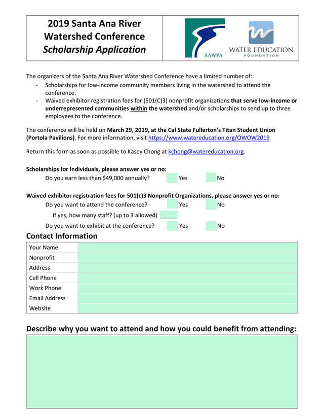 2019 Santa Ana River Watershed Conference Scholarship Application screenshot