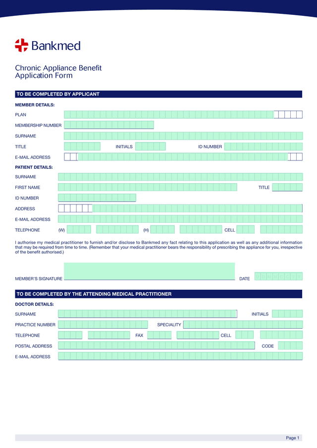 Chronic Appliance Benefit Application Form screenshot