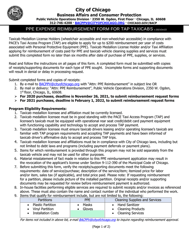 Taxicab Medallion License Holders PPE Reimbursement Form screenshot