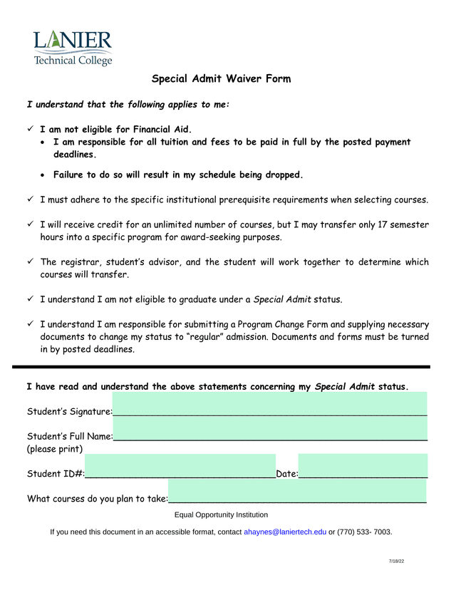 Special Admit Waiver Form screenshot