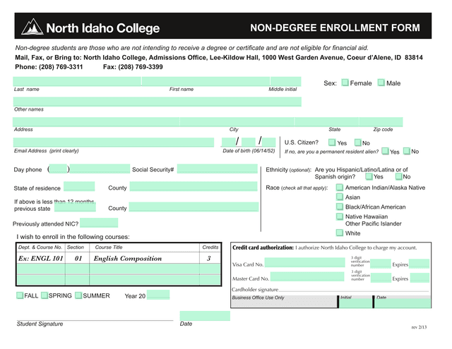 Non Degree Enrollment Form screenshot