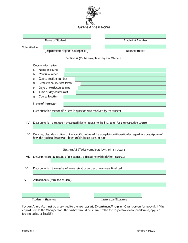 Grade Appeal Form screenshot