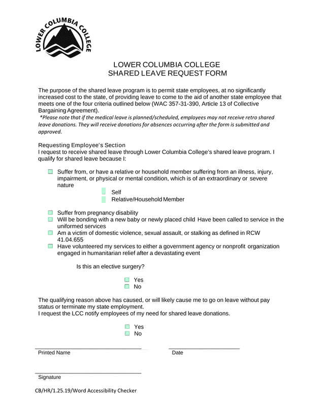 LOWER COLUMBIA COLLEGE SHARED LEAVE REQUEST FORM screenshot