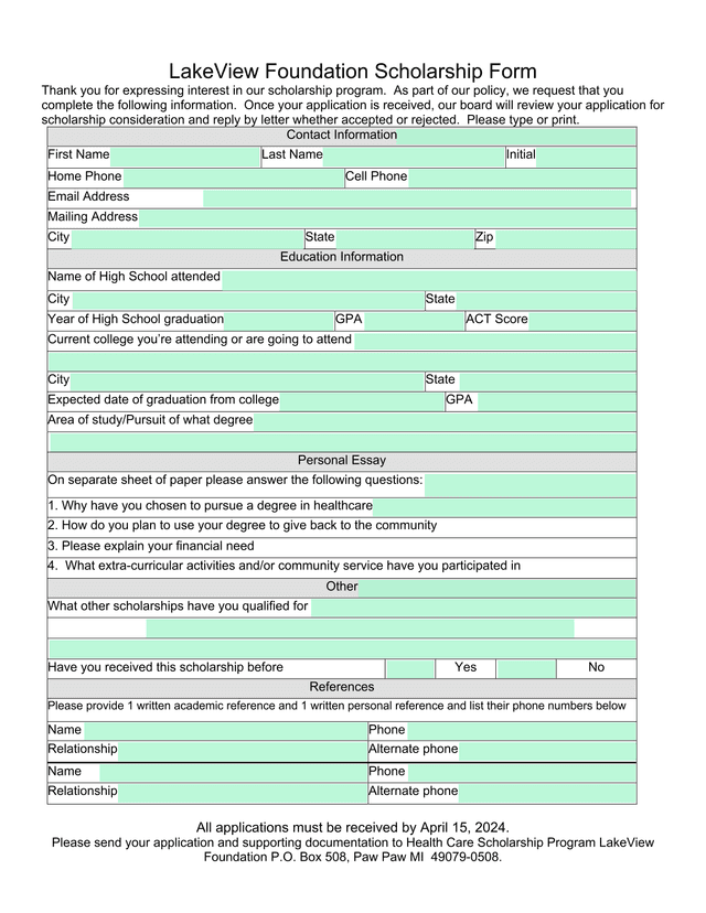 LakeView Foundation Scholarship Form screenshot