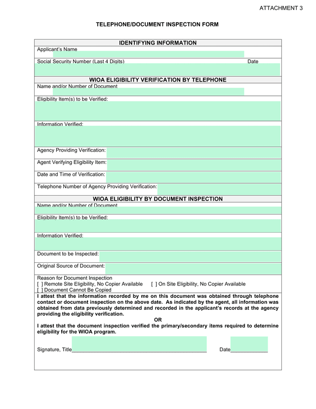 TELEPHONEDOCUMENT INSPECTION FORM screenshot
