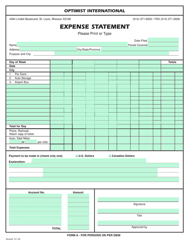 Optimist International Expense Statement screenshot