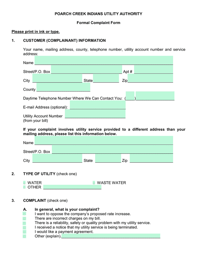 Poarch Creek Indians Utility Authority Formal Complaint Form screenshot