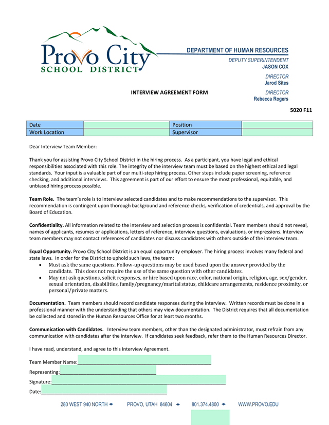 Interview Agreement Form screenshot
