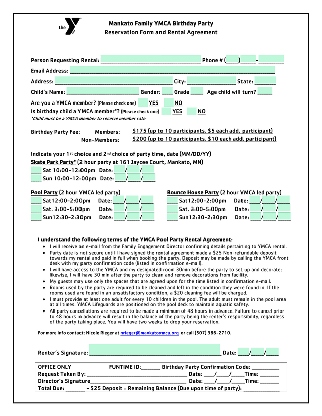 Mankato Family YMCA Birthday Party Reservation Form And Rental Agreement screenshot