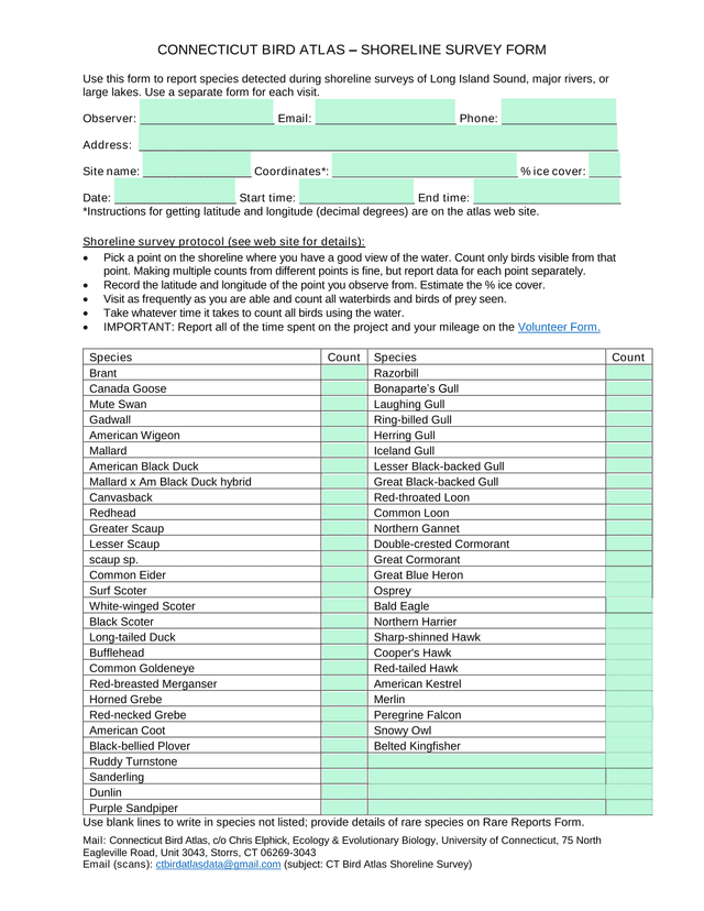 CONNECTICUT BIRD ATLAS  SHORELINE SURVEY FORM screenshot
