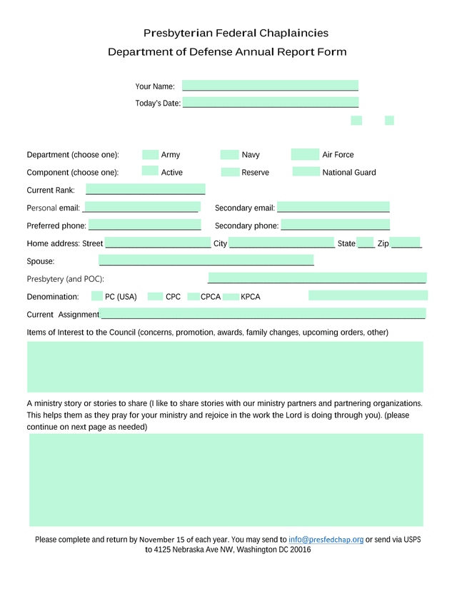 Presbyterian Federal Chaplaincies Department Of Defense Annual Report Form screenshot