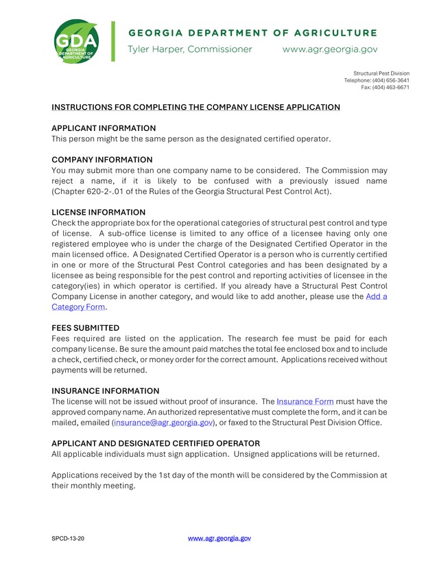 INSTRUCTIONS FOR COMPLETING THE COMPANY LICENSE APPLICATION screenshot