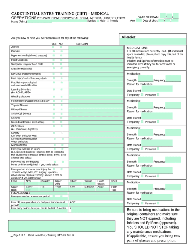 Cadet Initial Entry Training (CIET)  Medical Operations Pre Participation Physical Form   Medical Hi screenshot