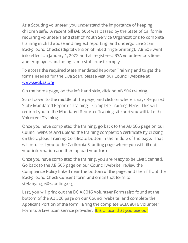 AB 506 Volunteer Training And Background Check Instructions screenshot