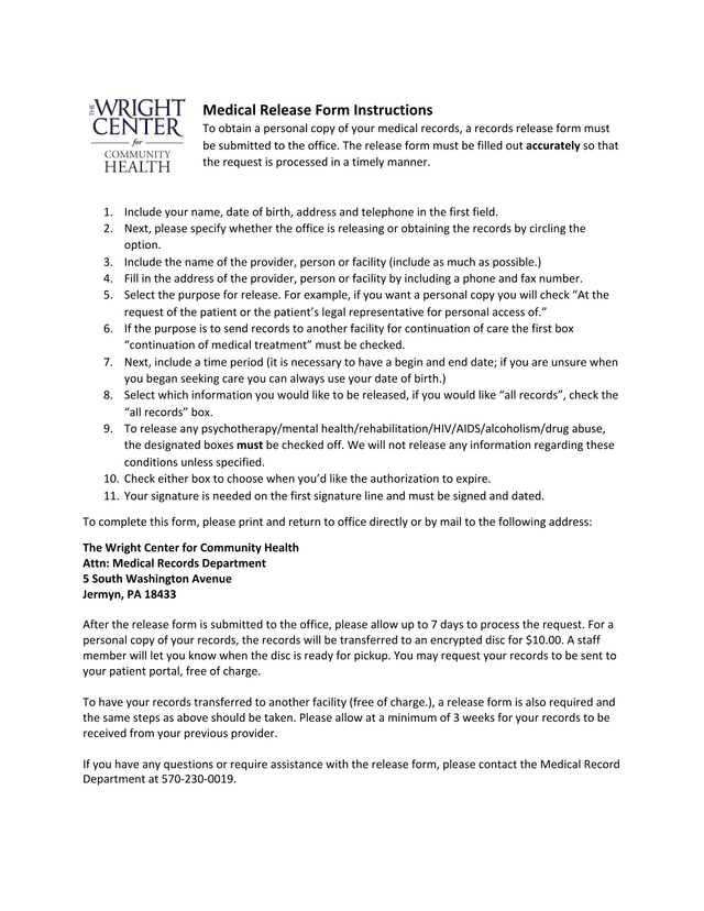 Medical Release Form Instructions screenshot