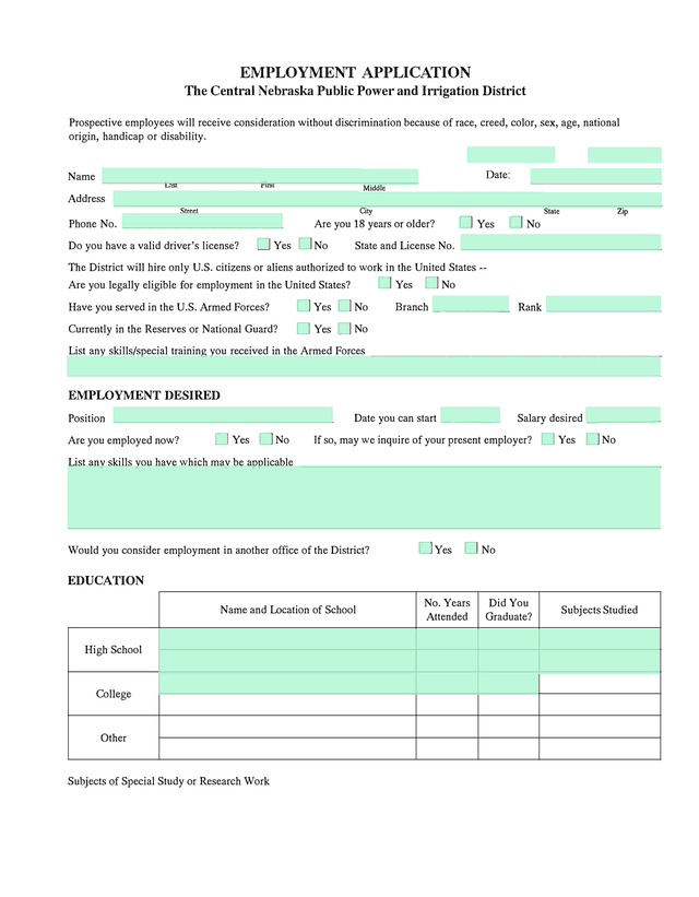 Employment Application screenshot