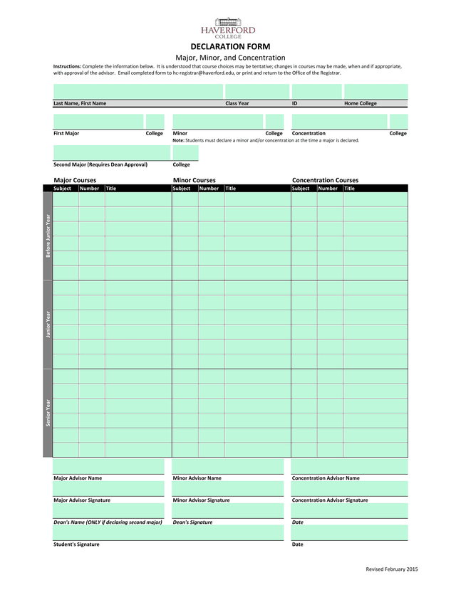 DECLARATION FORM Major, Minor, And Concentration screenshot
