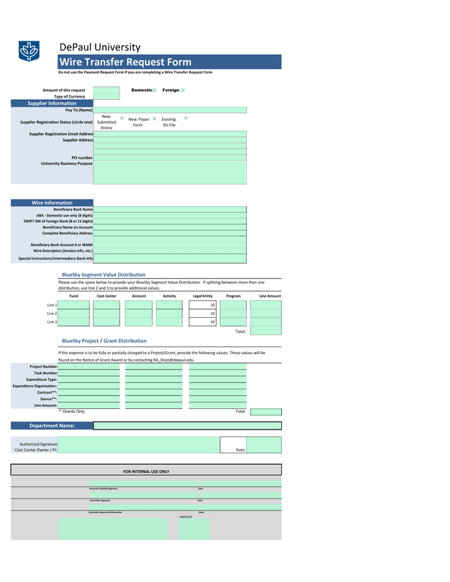 Wire Transfer Request Form screenshot