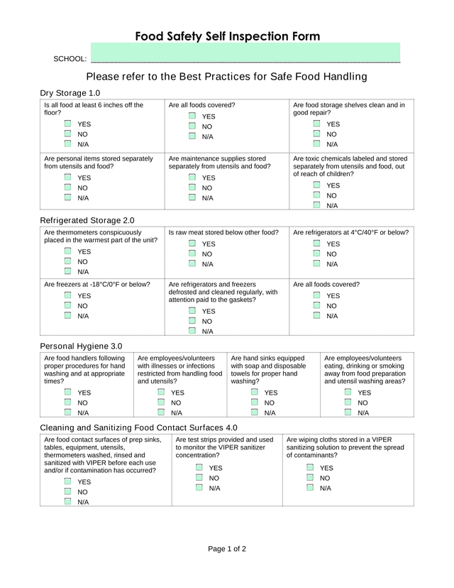 Food Safety Self Inspection Form screenshot