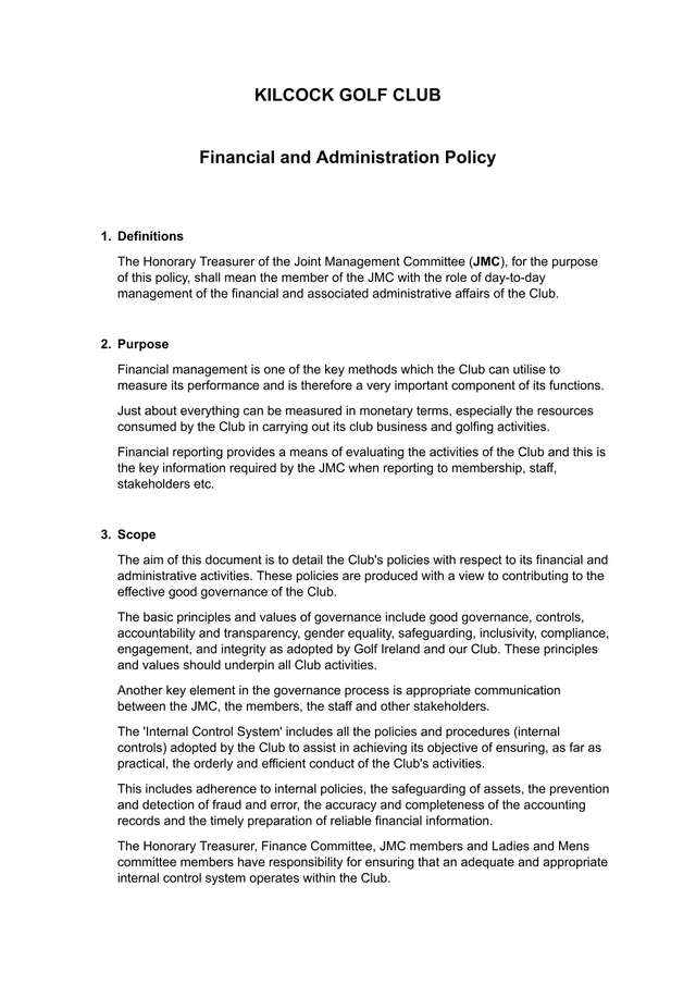 Kilcock Golf Club Financial And Administration Policy screenshot