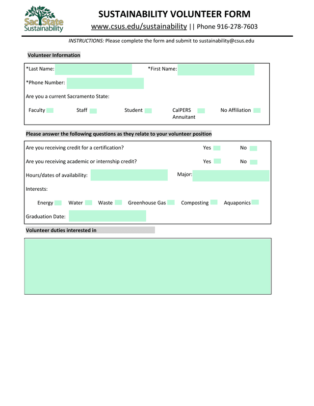 Sustainability Volunteer Form screenshot