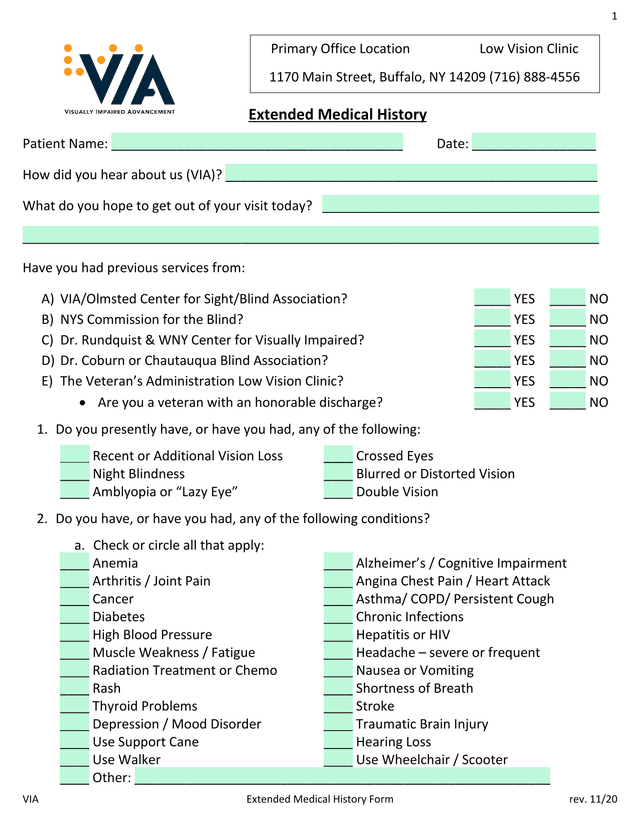 VIA Extended Medical History Form screenshot