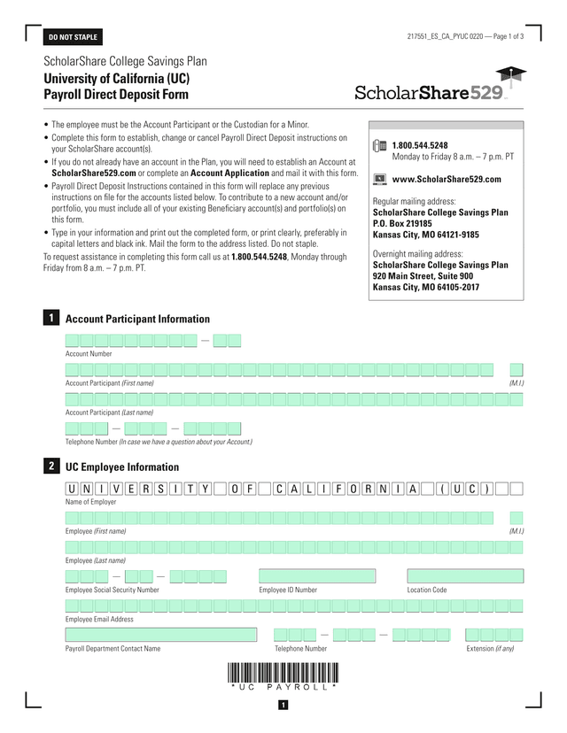ScholarShare College Savings Plan University Of California (UC) Payroll Direct Deposit Form screenshot