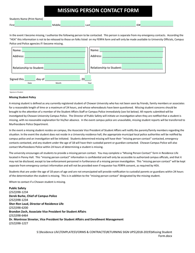 Missing Student Contact Form screenshot
