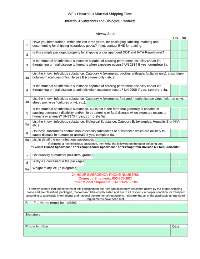 WFU Hazardous Material Shipping Form screenshot