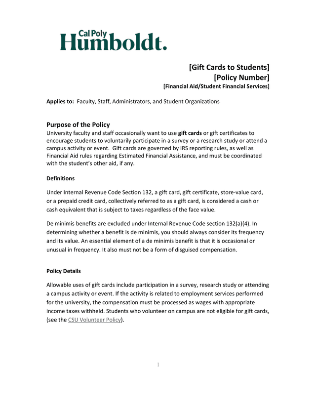 Gift Cards To Students Policy screenshot