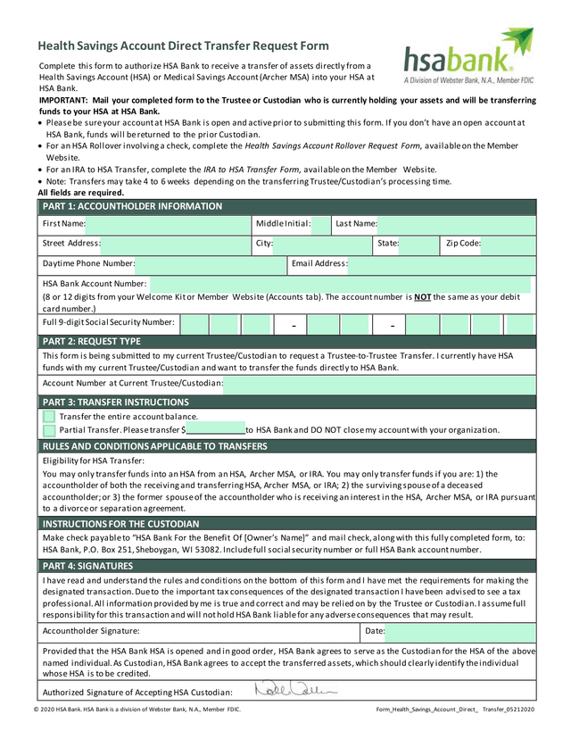 Health Savings Account Direct Transfer Request Form screenshot