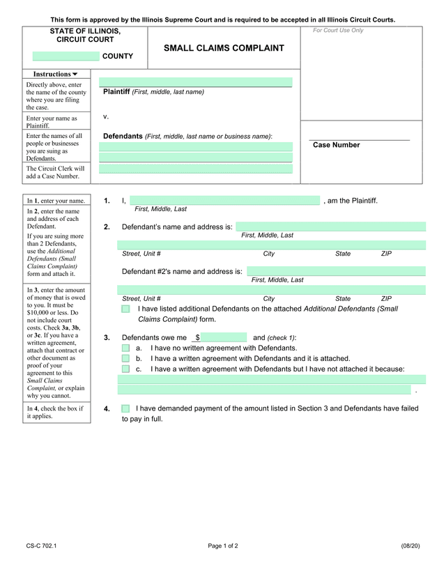 Small Claims Complaint screenshot