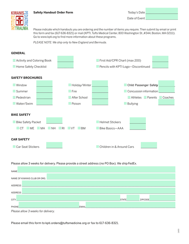 Safety Handout Order Form screenshot